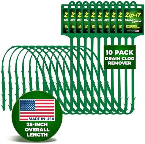 Zip-it Hair Clog Remover, 25-inch Drain Unclogger Tool for Shower, Tub & Sink In Seconds - Reusable Snake D Hair Removal Tool, Flexible Snake Non-toxic - Green (10-Pack)