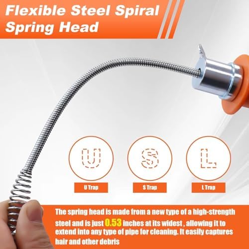 Drain Auger 33ft Drain Clog Remover with Drill Adapter, Flexible Plumbing Snake for Kitchen, Bathroom & Shower, Manual or Drill Powered (33ft Drain Auger + Tool Kit)