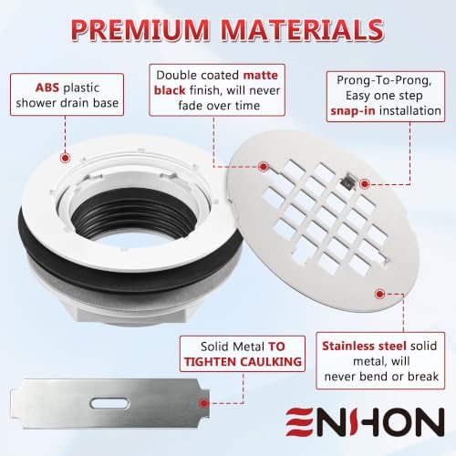 Enhon 4.25" OD Shower Drain Assembly, Snap in Shower Base Drain and Round Grid Strainer Cover, Fits 2 in. Schedule 40 ABS and PVC Pipes, Stainless Steel Cap, ABS Base(Silver,1 Pack)