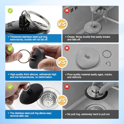Hibbent 6 Pieces Drain Stopper, Rubber Kitchen Sink Stopper Drain Plug with Pull Ring for Kitchen, Bathtub, Bathroom and Laundry Sink in 6 Different Sizes, Black