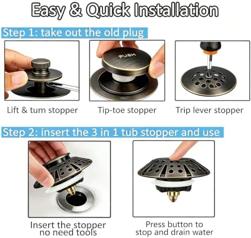 AzWzz Bathtub Drain Stopper,Pop Up Tub Stopper Plug with Hair Catcher Cover