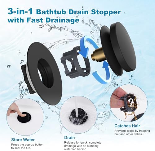 Hibbent 3 in 1 Metal Bathtub Drain Stopper, Universal Pop Up Tub Stopper