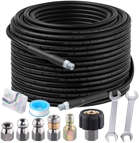 Sewer Jetter Kit 100FT for Pressure Washer 5800PSI Drain Cleaner Hose | 1/4" NPT Corner Rotating, Button Hose Sewer Jetting Nozzle Waterproof Tape Pearl Corsage Pin with 2 Spanner