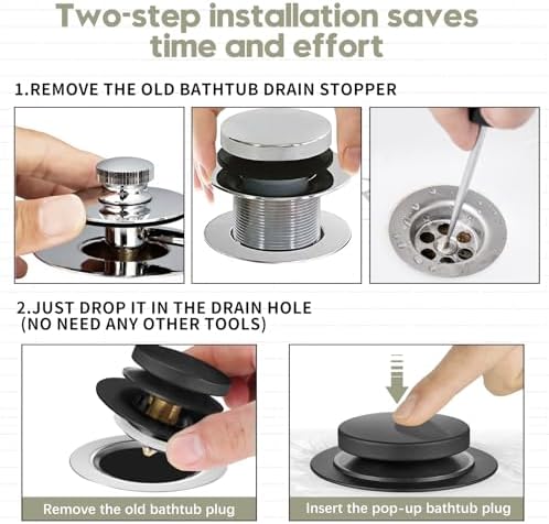 Universal Bathtub Stopper, Pop Up Bath Tub Drain Stoppers, EZ Install Bathtub Drain Replacement Trim Kit, Replaces Lift and Turn, Tip-Toe and Trip Lever Drains for Tub(Black)