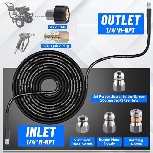 Sewer Jetter Kit 100FT for Pressure Washer 5800PSI Drain Cleaner Hose | 1/4" NPT Corner Rotating, Button Hose Sewer Jetting Nozzle Waterproof Tape Pearl Corsage Pin with 2 Spanner