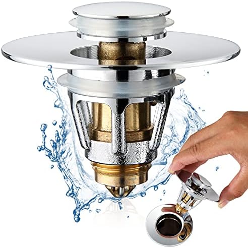 Universal Bathroom Sink Stopper - Stainless Steel Bounce Drain Filter, Pop Up Drain Stopper, Bullet Core Push Type Sink Stopper for Wash Basin, Sink Drain Plug with Anti-Clogging Strainer, Chrome