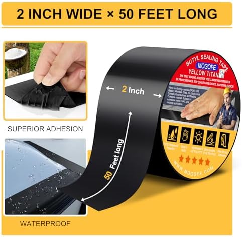 Yellow Titan RV Roof Sealant Tape Black 2 in x 50 ft Waterproof Tape | Camper Roof Sealant Tape,RV Roof Patch,RV Roof Repair Tape,Butyl Tape,40mil/1.0mm,Temp:-40°F–212°F,DualSeal Ultra-Bond Tech