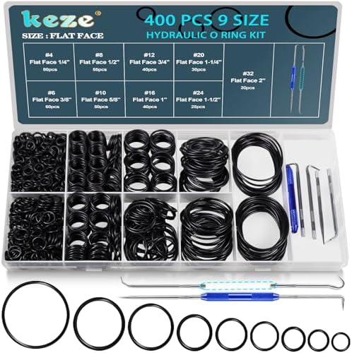 KEZE 400 Pcs Hydraulic O-Ring Flat Face Fittings 9 Size Buna-N 70A O Rings Seal Kit for Hydraulic Fitting,Cylinders,ORS/ORFS Flat Face Hydraulic Fittings (Flat Face Size 1/4"-2")