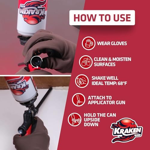 Kraken Bond Window & Door Expanding Foam Sealant - (12x24oz) Professional Gap Filling Gun Use Polyurethane Spray Foam, Low Expansion Waterproof Gap Filler, Gun&Cleaner Included - 12 Pack