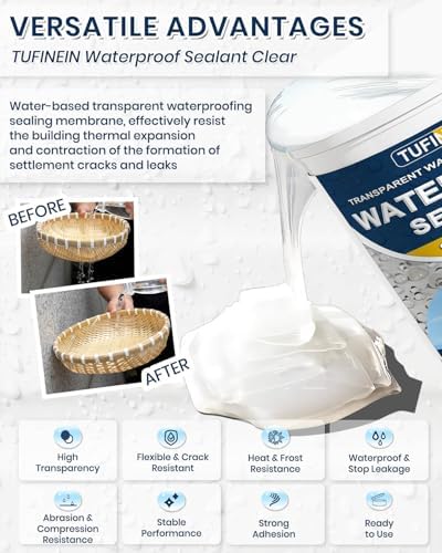 Waterproof Sealant 17.6 Oz Clear, TUFINEIN Transparent Waterproof Coating Water-Based Invisible Agent Roofs, Walls, Garden, Terraces Indoor & Outdoor