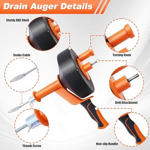 Drain Auger 33ft Drain Clog Remover with Drill Adapter, Flexible Plumbing Snake for Kitchen, Bathroom & Shower, Manual or Drill Powered (33ft Drain Auger + Tool Kit)