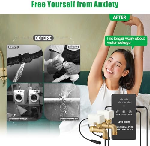 Washing Machine Water Leak Detector Kit with Dual Power Supply, Precise Sensor, Automatic Shut-Off Hot & Cold Valves 3/4" 90° , Alarm Sound and Alarm Light