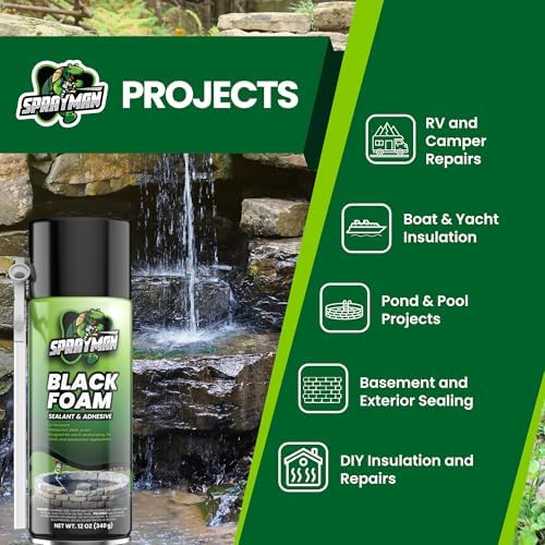 Sprayman Black Waterfall Foam Sealant - (12x12oz) Expanding Polyurethane Pond Foam Sealer, UV Resistant, Water Proof Spray for Landscape & Exterior, Straw Use, 12 Pack