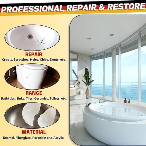 Bath Tub Repair Kit White,FiberglassTub and Shower Repair Kit for Porcelain Sink, Acrylic Bathtub, Tile and Toilet, Color Match Filler for Chips, Cracks, Dents, Holes, Almond Biscuit Bone (White)