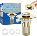 Bathroom Sink Drain Strainer, Pop-Up Bathroom Sink Stopper with Removable Stainless Steel Hair Catcher Basket, Universal Fit for US Bathroom Sinks, Showers & Floor Drains (1pcs-Gold)