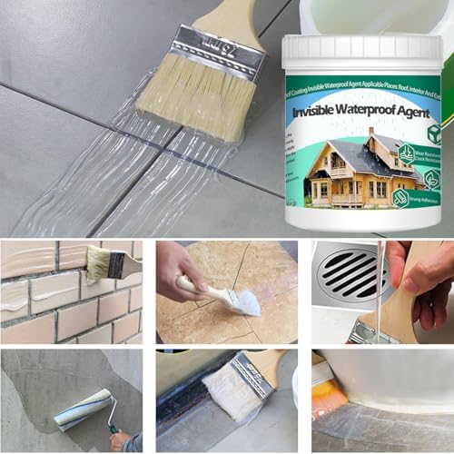 QUKLOGEN 1Kg/35.3Fl.oz Invisible Waterproof Agent Indoor&Outdoor Waterproof Coating Set Transparent Liquid Sealant with Wooden Brush Resistant Work Gloves Putty Shovel Cut
