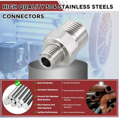 Pack of 5, 1/2" Male NPT to 1/4" Male NPT SUS304 Hex Nipple | Solid Male Pipe Adapter Hose Connectors with Sealing Tape for Pipe Repair, Bathroom Remodel, Tool Extensions, Compression