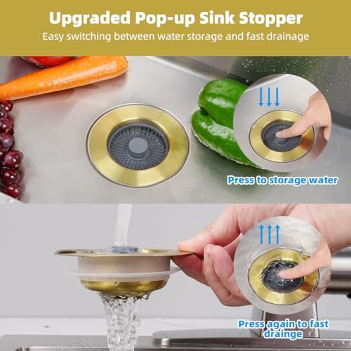 Hibbent 3-in-1 Kitchen Sink Drain Strainer with 3 Baskets, Brushed Gold