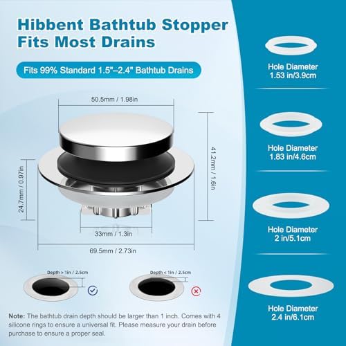 Hibbent 3 in 1 Metal Bathtub Drain Stopper, Universal Pop Up Tub Stopper