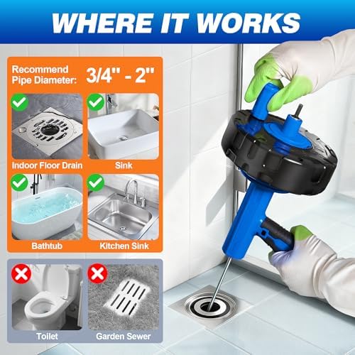 Drain Auger 33Ft, Auto-Feed Drain Snake Hair Drain Clog Remover, Blue