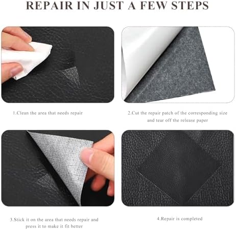 2 PCS Leather Repair Patch Tape, 4 x 8 Inch Waterproof PU Leather Repair Tape for Car Seat, Self-Adhesive Patch Kit for Repairing Couch Chairs Furniture, Car Accessories (Black)