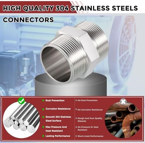 1 1/2" Male NPT to 1 1/2" Male NPT SUS304 Hex Nipple | Solid Male Pipe Adapter Hose Connectors with Sealing Tape for Pipe Repair, Bathroom Remodel, Tool Extensions, Compression