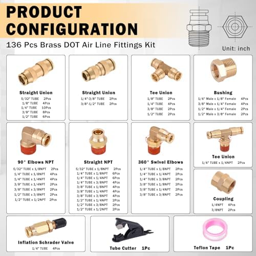 CheeMuii 136 Pcs Brass DOT Air Line Fittings Kit Push Lock DOT Air Fittings