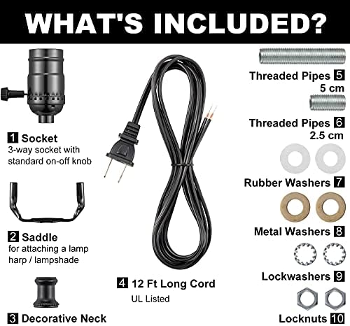 Black Lamp Rewire Kit, Lamp Wiring Kit with 12 FT Lamp Cord Replacement, 3 Way Socket and Essential Hardware, Lamp Parts for Repair Table Lamps and Floor Lamps, Lamp Kits for Do It Yourself