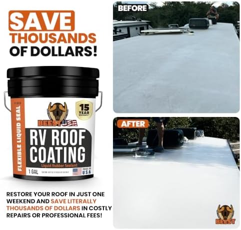 BEEST RV Roof Repair Kit Includes: Roof Coating 5G, EPDM Primer 1G, RV Cleaner 32 Oz, Non-Sag Lap sealant, Self-Leveling Lap Sealant, Seam Roller, Seam Tape & Gloves| Repair & Maintenance Bundle