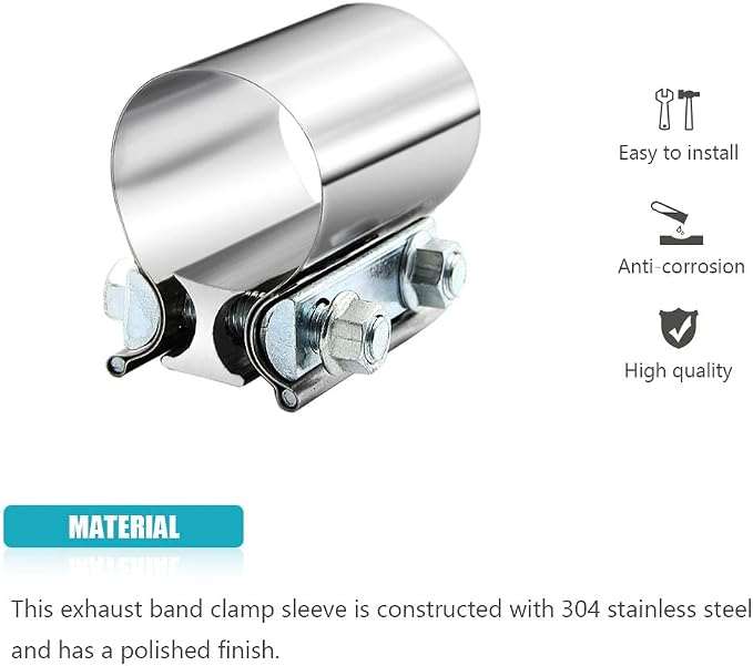 2" 2.0 Inch Exhaust Clamp Butt Joint Band Clamp Sleeve Coupler Stainless Steel 2.0 Inch for Exhaust Pipes, Mufflers and Catalytic Converters (1 PCS)
