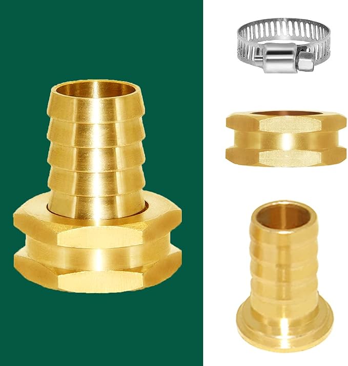 Joywayus 3/4" Barb x 3/4" GHT Female Hex Brass Garden Hose Repair Connector | Swivel, Water Pipe Connector, Copper Fitting, Stainless Clamp, House/Boat/Lawn/Power Wash/Irrigation
