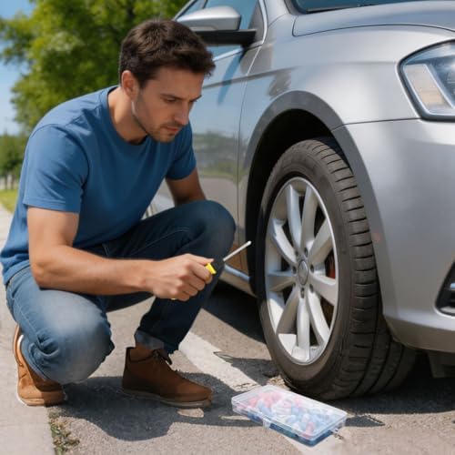 Linkstyle 100PCS Tire Repair Kit, Screw-in Tire Plug Set with 3 Sizes Rubber Plugs, Flat Tire Puncture Repair Screws for Car Truck Motorcycle SUV Roadside Emergency Fix with Screwdriver & Storage Case