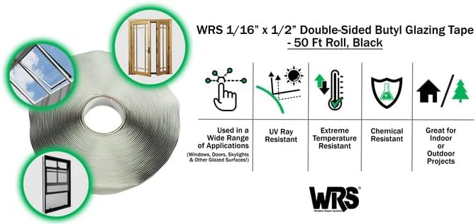 WRS 1/16" x 1/2" Double Sided Butyl Tape, 50 Ft, Black, for Windows & Doors | Creates a Waterproof, Mess Free Seal for Glass, RVs, Skylights, Roofing Joints & Flashing; Rubber Adhesive; Sold Individually