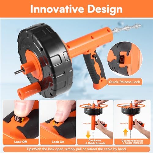 Drain Snake 33ft Flexible Steel Spring, Drain Auger with Drill Adapter