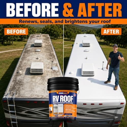 Everbond RV Roof Waterproof Sealant - Solar Reflective Weatherproof Coating for Trailers, Campers, Roof and Leak Repairs - Easy Application, Indoor & Outdoor Use - White, 4.75 Gallon Bucket