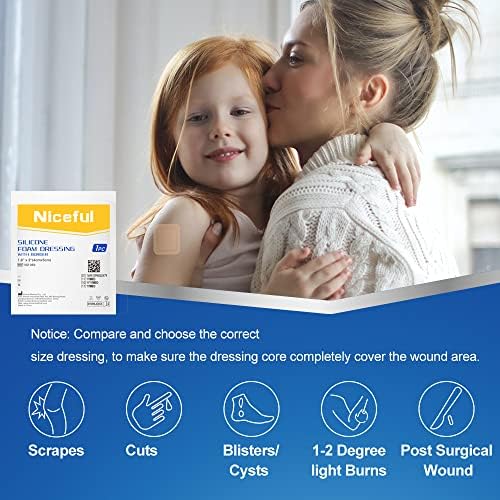 Niceful 10 Count Silicone Foam Dressing 1.6" x 2", Wound Dressing for Minor Surgical Incisions, Abrasions, Absorbent Silicone Bandages for Sensitive Skin, Small Bed Sore Bandages (Pack of 2)