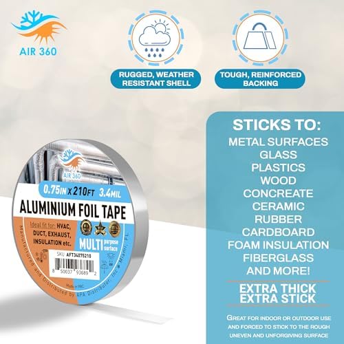 Thick Aluminum 0,75" x 210 ft HVAC Duct Tape for AC & Vent Repair, Cold Temperature Foil Tape for Pipe Insulation, Fire Proof Waterproof Metal Tape, High Temp Flex Duck Tape, Aluminum Body Tape