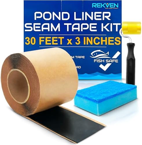 Pond Liner Seam Tape Kit, Double Sided Butyl Adhesive, 30 Ft x 3 in | Bonds EPDM PVC HDPE LDPE RPE LLDPE, Waterproof Sealer, Repair and Patch, Roller and Sponge Included, Fish Safe, Koi Ponds