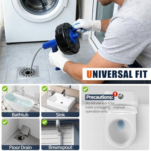 33-Feet Drain Snake Auger Kit, Plumbing snake, Manual or Electric drain snake with Auto-Retract/Feed, for Kitchen, Bathroom, Shower, and Floor Drain sauger，Include Gloves Storage Bag etc (Blue)