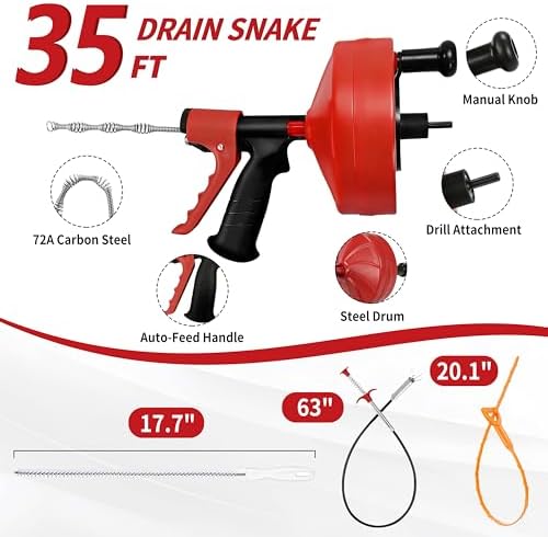 Drain Snake 35 Ft with Drill Attachment, Auto Feed 1/4 Inch Plumbing Snake for Sink, Shower & Tub Clogs, Manual or Drill-Powered Drain Auger, with Gloves, Safety Glasses & Storage Bag