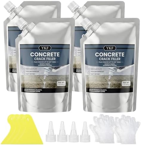 YKF Concrete Crack Filler 4-Pack (4.4 lbs) - Self-Leveling Liquid Cement Sealant for Driveways & Garage Floors - Waterproof, High Elasticity Bulk Repair Kit - Gray
