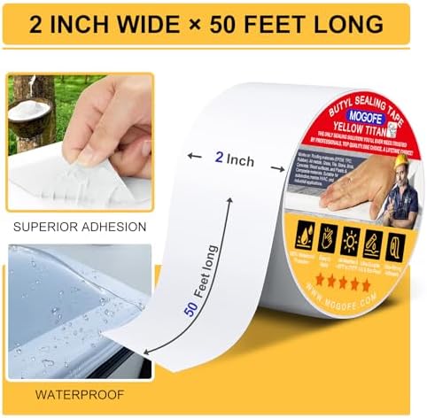 Yellow Titan RV Roof Sealant Tape White 2 in x 50 ft Waterproof Tape | Camper Roof Sealant Tape,RV Roof Patch,RV Roof Repair Tape,Butyl Tape,40mil/1.0mm,Temp:-40°F–212°F,DualSeal Ultra-Bond Tech