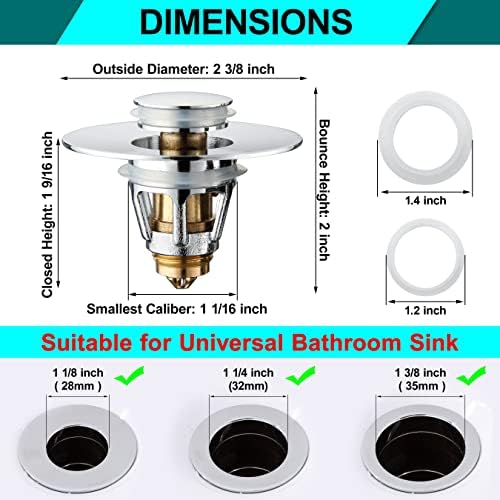 Universal Bathroom Sink Stopper - Stainless Steel Bounce Drain Filter, Pop Up Drain Stopper, Bullet Core Push Type Sink Stopper for Wash Basin, Sink Drain Plug with Anti-Clogging Strainer, Chrome
