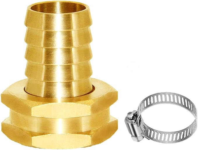 Joywayus 3/4" Barb x 3/4" GHT Female Hex Brass Garden Hose Repair Connector | Swivel, Water Pipe Connector, Copper Fitting, Stainless Clamp, House/Boat/Lawn/Power Wash/Irrigation