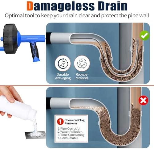 33-Feet Drain Snake Auger Kit, Plumbing snake, Manual or Electric drain snake with Auto-Retract/Feed, for Kitchen, Bathroom, Shower, and Floor Drain sauger，Include Gloves Storage Bag etc (Blue)
