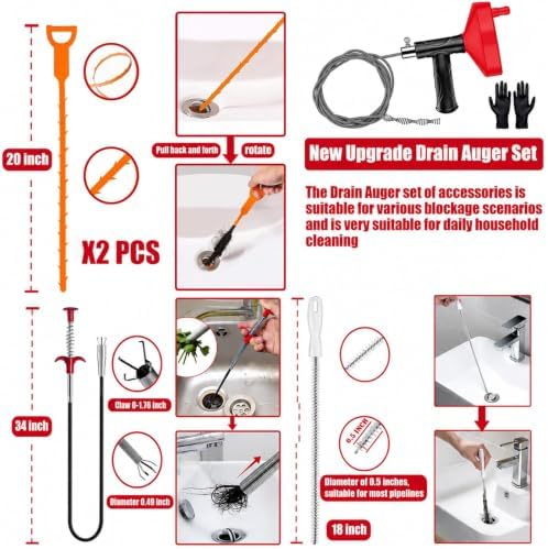 Drain Snake Auger, 33 Feet Plumbing Snake Drain Hair Clog Removal Tool, Heavy Duty Snake Auger, Sink Unclogger Drain Cleaner Tool for Bathroom Kitchen Tub Shower Drain Clog Remover with Gloves, Red