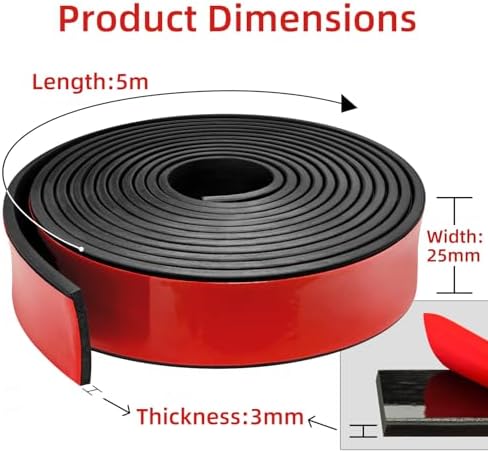 WELSTIK 1" x 1/8" Adhesive Solid Rubber Strip (16.4Ft) - Heavy Duty Neoprene Sheet Roll for DIY Gasket, Anti Vibration Pad, Weather Stripping Seal & Home Industrial Insulation