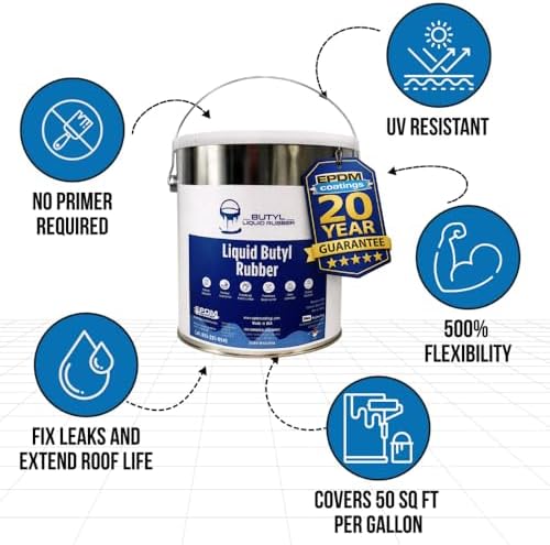 Best EPDM Liquid Butyl Rubber Roof Coating | Waterproof Roof Sealant | One Coat Application – No Primer Needed | Works on EPDM TPO Metal Fiberglass Concrete | 1 Gallon - White | Covers 50 Sq. Ft.