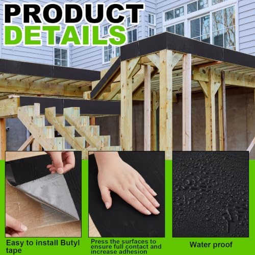 Feifeiya 11" x 26.2' Butyl Deck Joist Tape Flashing and Ledger Protect Rim Tape Waterproof Black Wheel Rim Support Belt for Decking Seal Wood Beams Roof Terraces Crossbeams