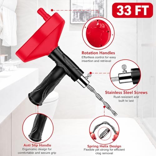 Drain Snake Auger, Plumbing Snake Drain Hair Clog Removal Tool, Heavy Duty Snake Auger, Sink Unclogger Drain Cleaner Tool for Bathroom Kitchen Tub Shower Drain Clog Remover with Gloves, Red（33 Feet ）